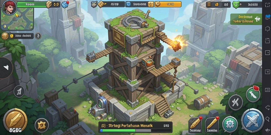 Screenshot penggambaran gameplay Tower Defense yang intens dan strategis.