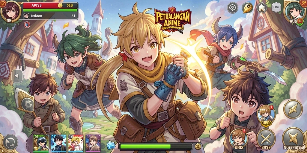 Tampilan gameplay seru dengan karakter anime yang beraksi.
