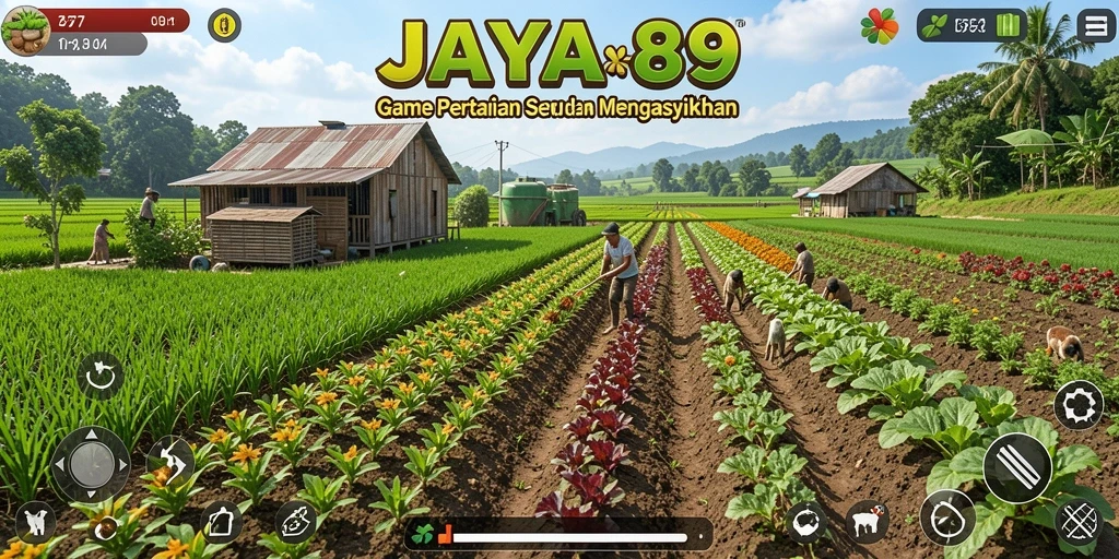 Tampilan gameplay <strong>JAYA89</strong> dengan ladang hijau yang subur dan hewan ternak.