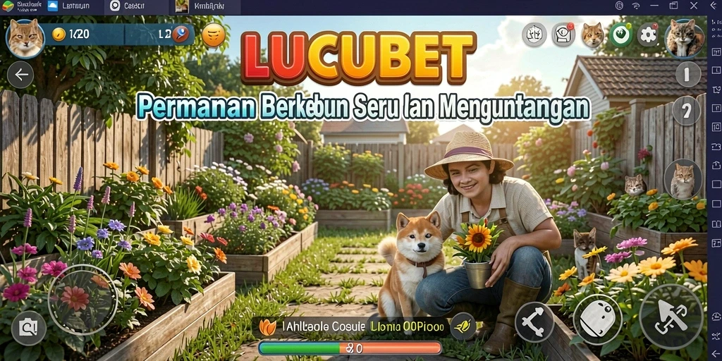 Tampilan utama gameplay LUCUBET yang menyoroti kebun yang indah.
