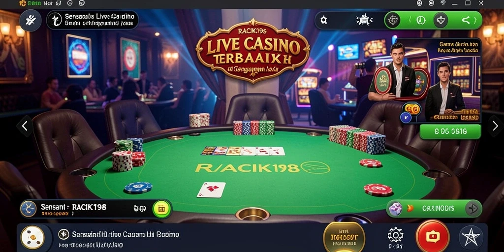 Tampilan gameplay seru di RACIK198 dengan dealer langsung dan suasana kasino yang nyata.