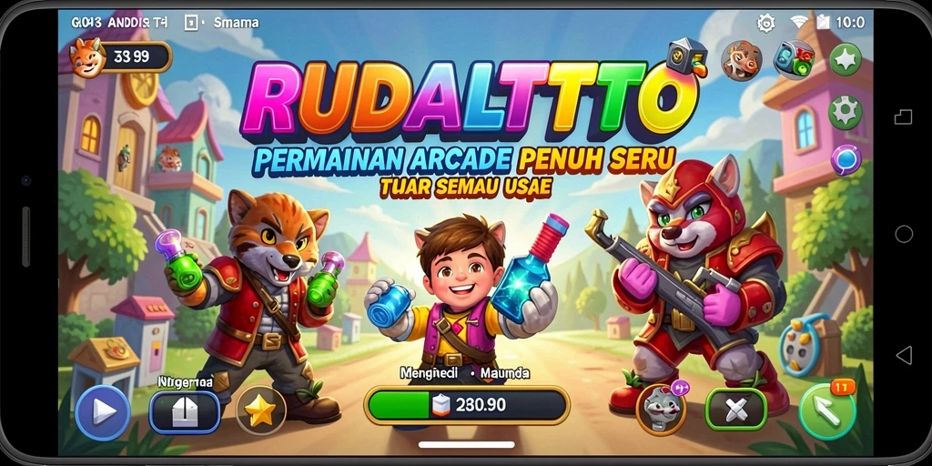 Tangkapan layar utama RUDALTOTO menampilkan gameplay Arcade yang seru dan berwarna.